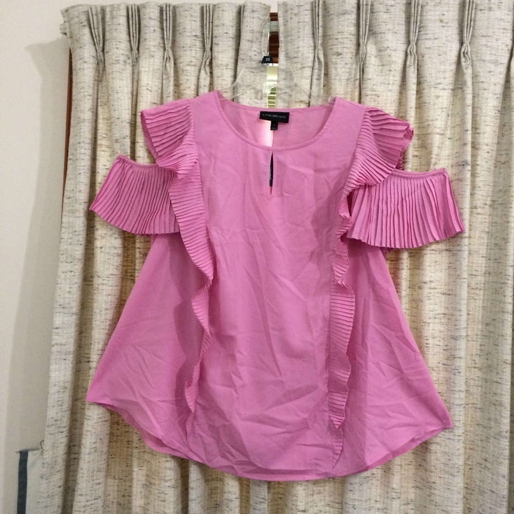 Lane Bryant Pink Cold Shoulder Pleated Ruffle Blouse